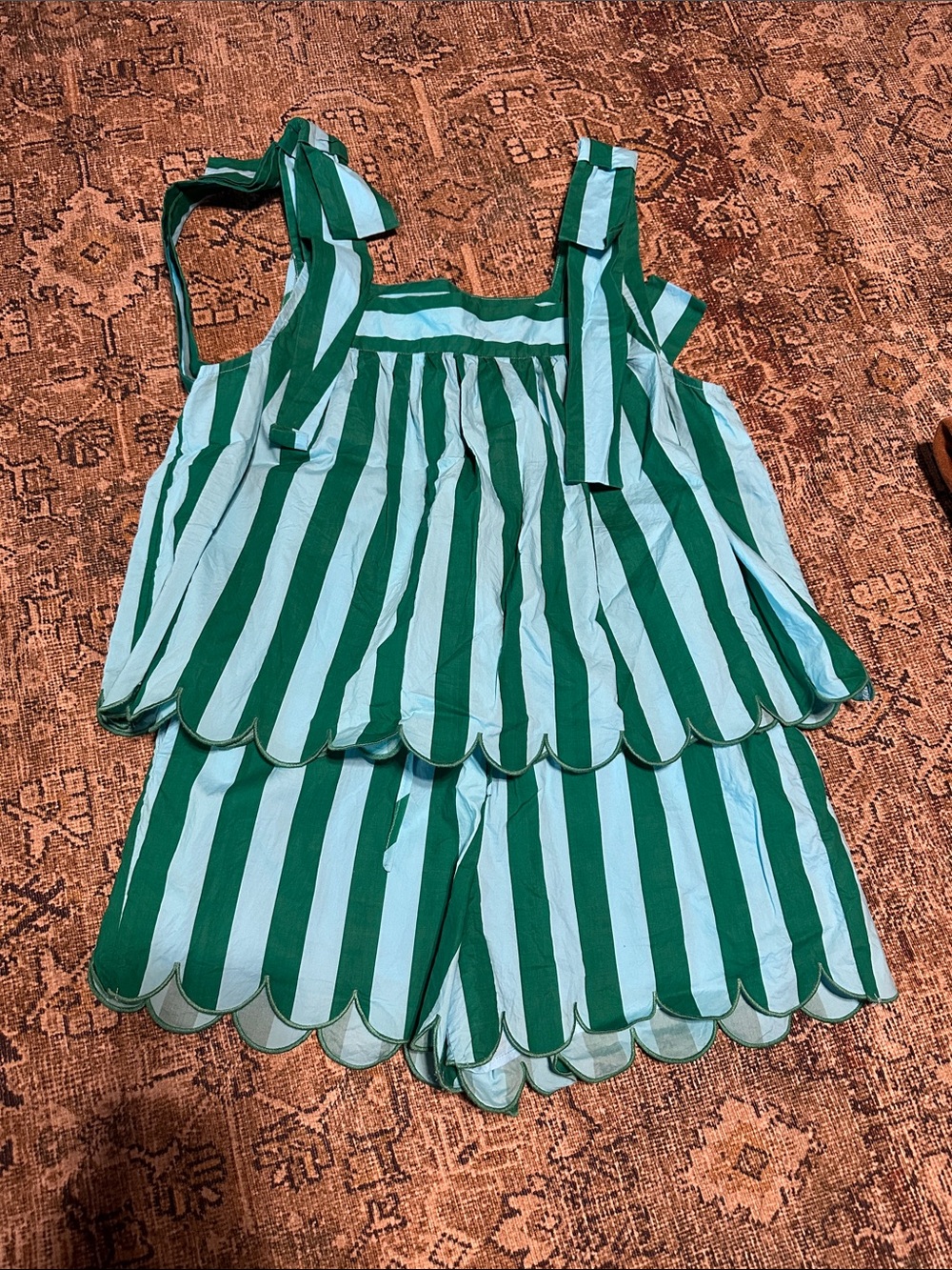Green and White Striped Tie-Shoulder Women's Top